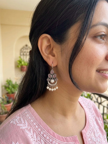 AHANA- Brass Dangler With Monalisa Stone Baby Pink