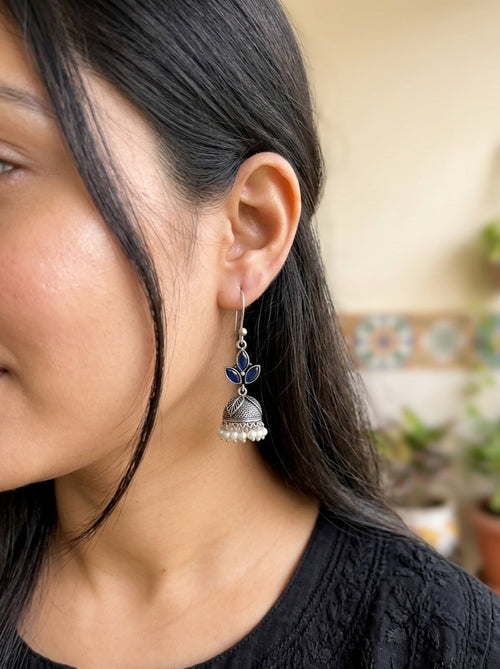 KANISHKA - Light Weight Brass Jhumka With Monalisa Stones Blue