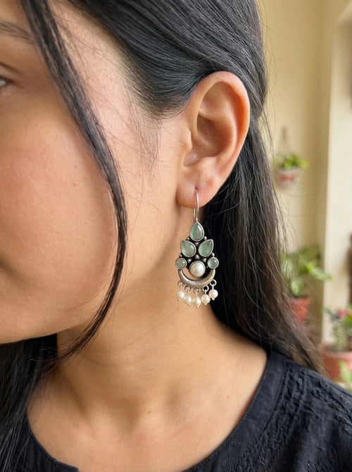 AHANA- Brass Dangler With Monalisa Stone Sea Green