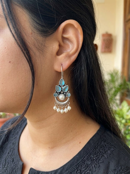 AHANA- Brass Dangler With Monalisa Stone Sea Blue