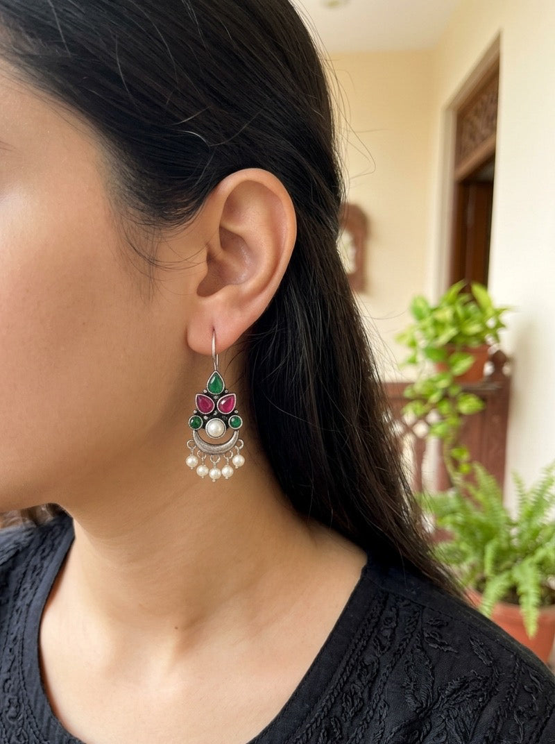 AHANA- Brass Dangler With Monalisa Stone Green And Pink