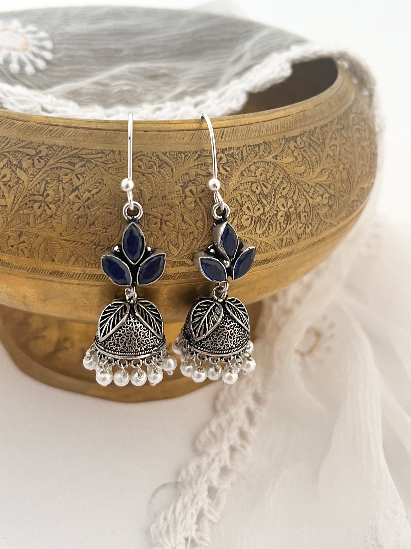 KANISHKA - Light Weight Brass Jhumka With Monalisa Stones Blue