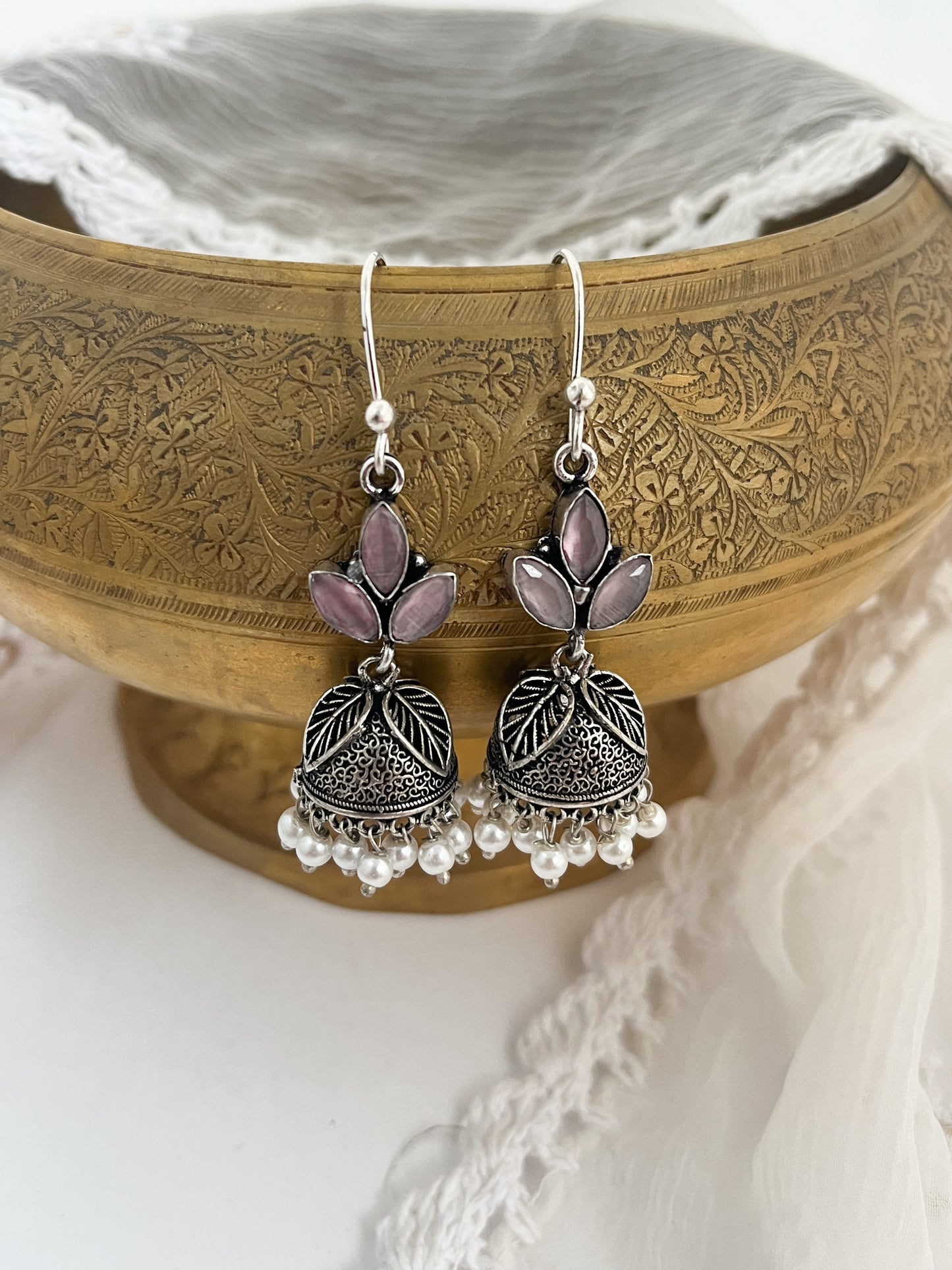 KANISHKA - Light Weight Brass Jhumka With Monalisa Stones Baby Pink
