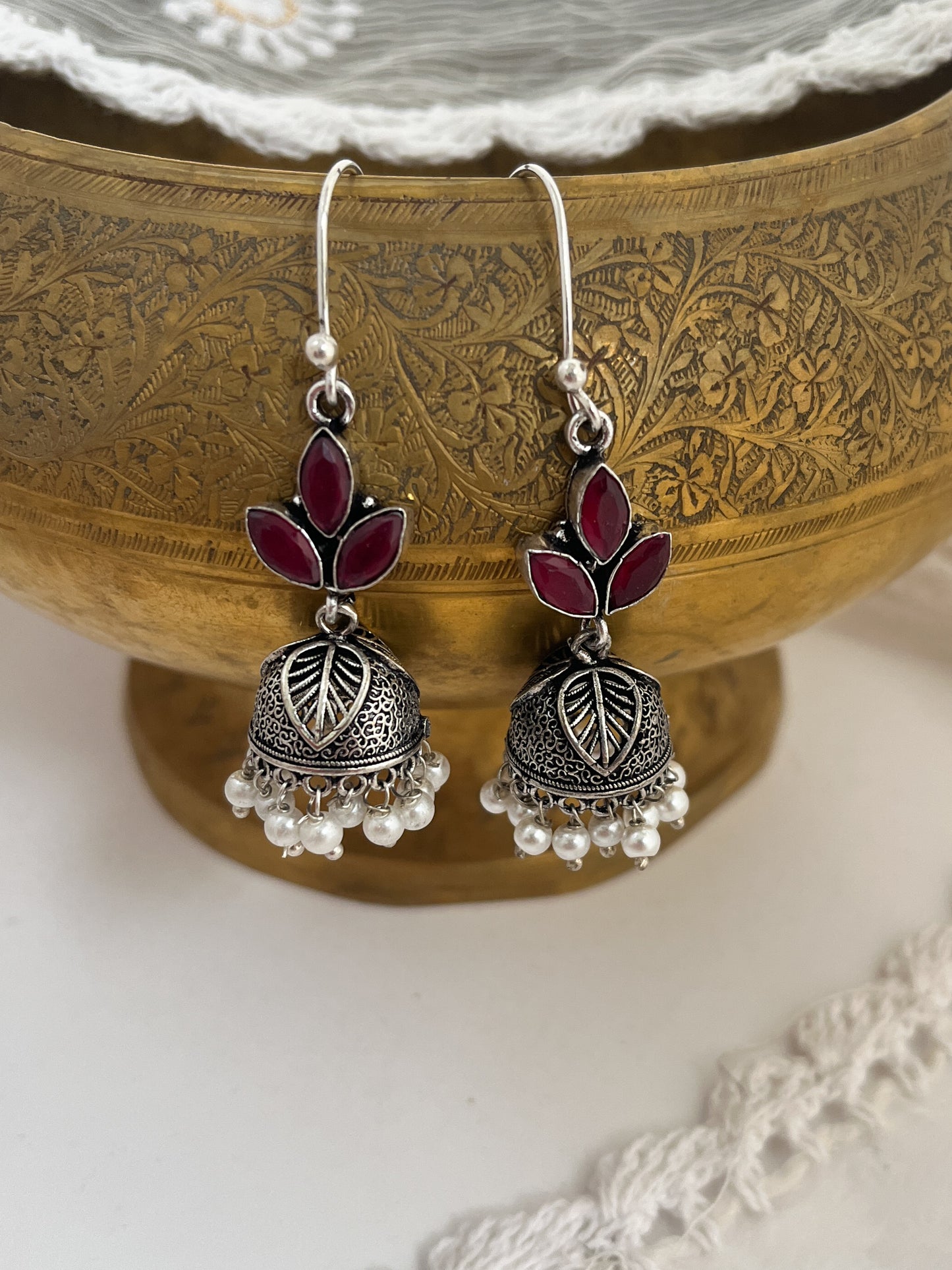 KANISHKA - Light Weight Brass Jhumka With Monalisa Stones Ruby