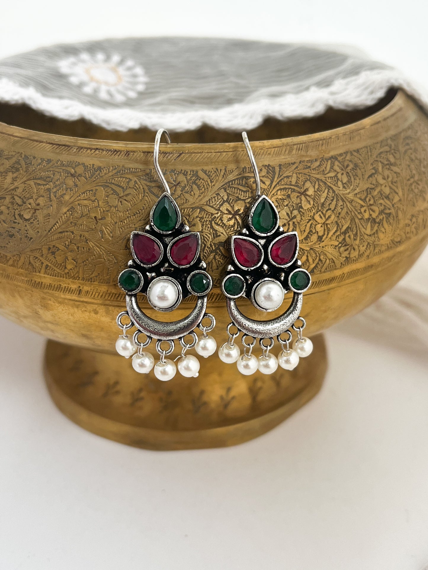 AHANA- Brass Dangler With Monalisa Stone Green And Pink