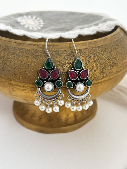 AHANA- Brass Dangler With Monalisa Stone Green And Pink
