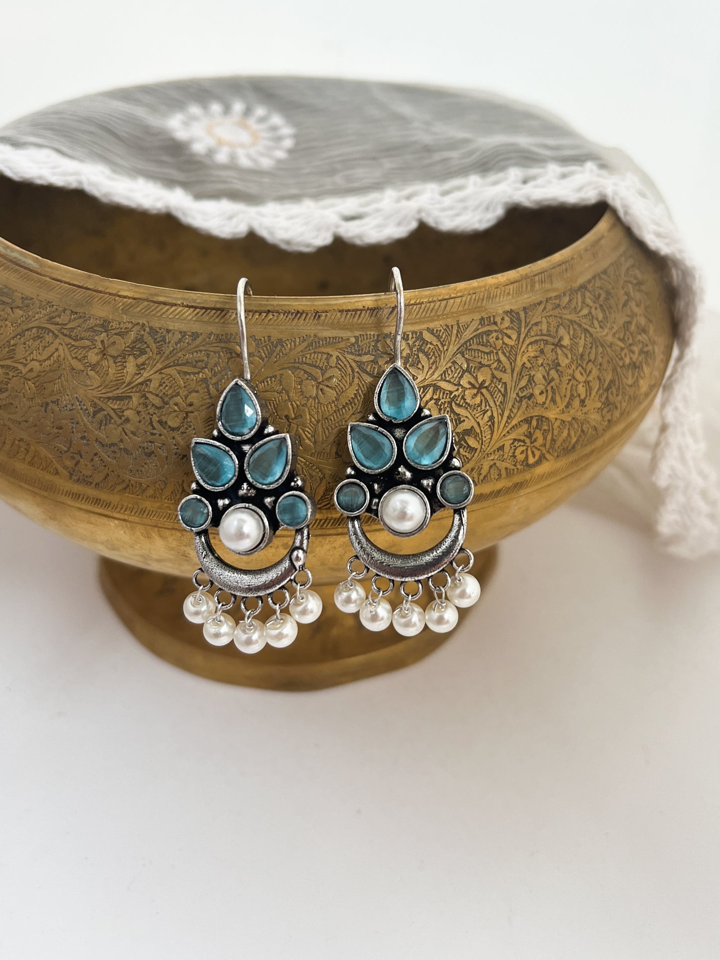 AHANA- Brass Dangler With Monalisa Stone Sea Blue