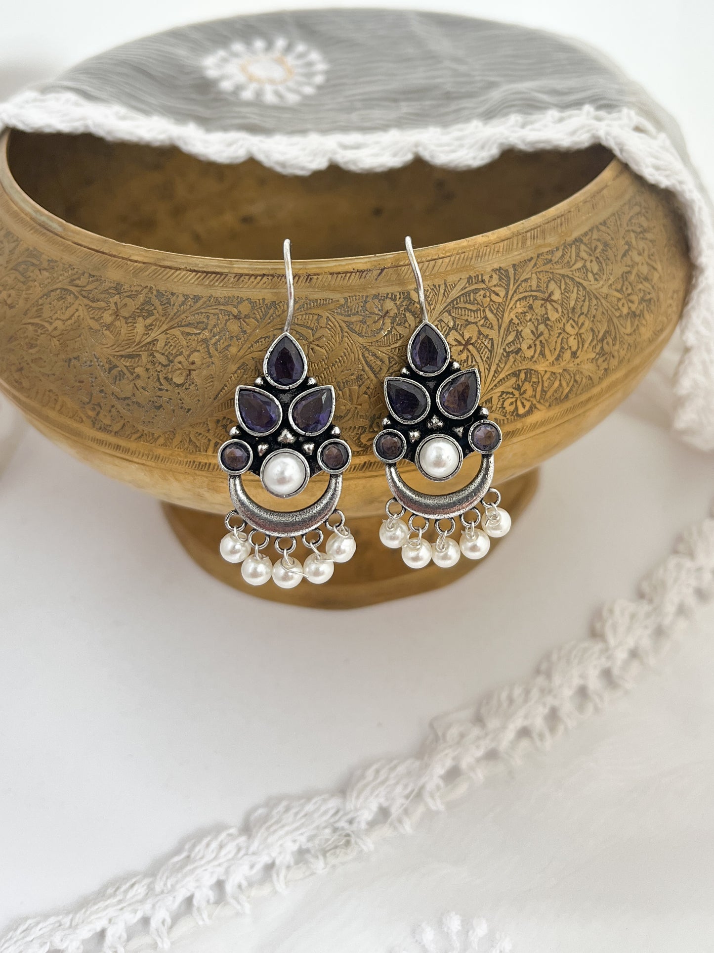 AHANA- Brass Dangler With Monalisa Stone Purple