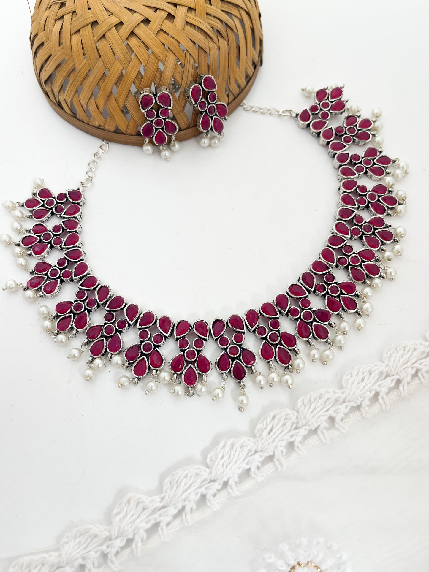AHILYA- Brass Neckpiece With Pink Monalisa Stones