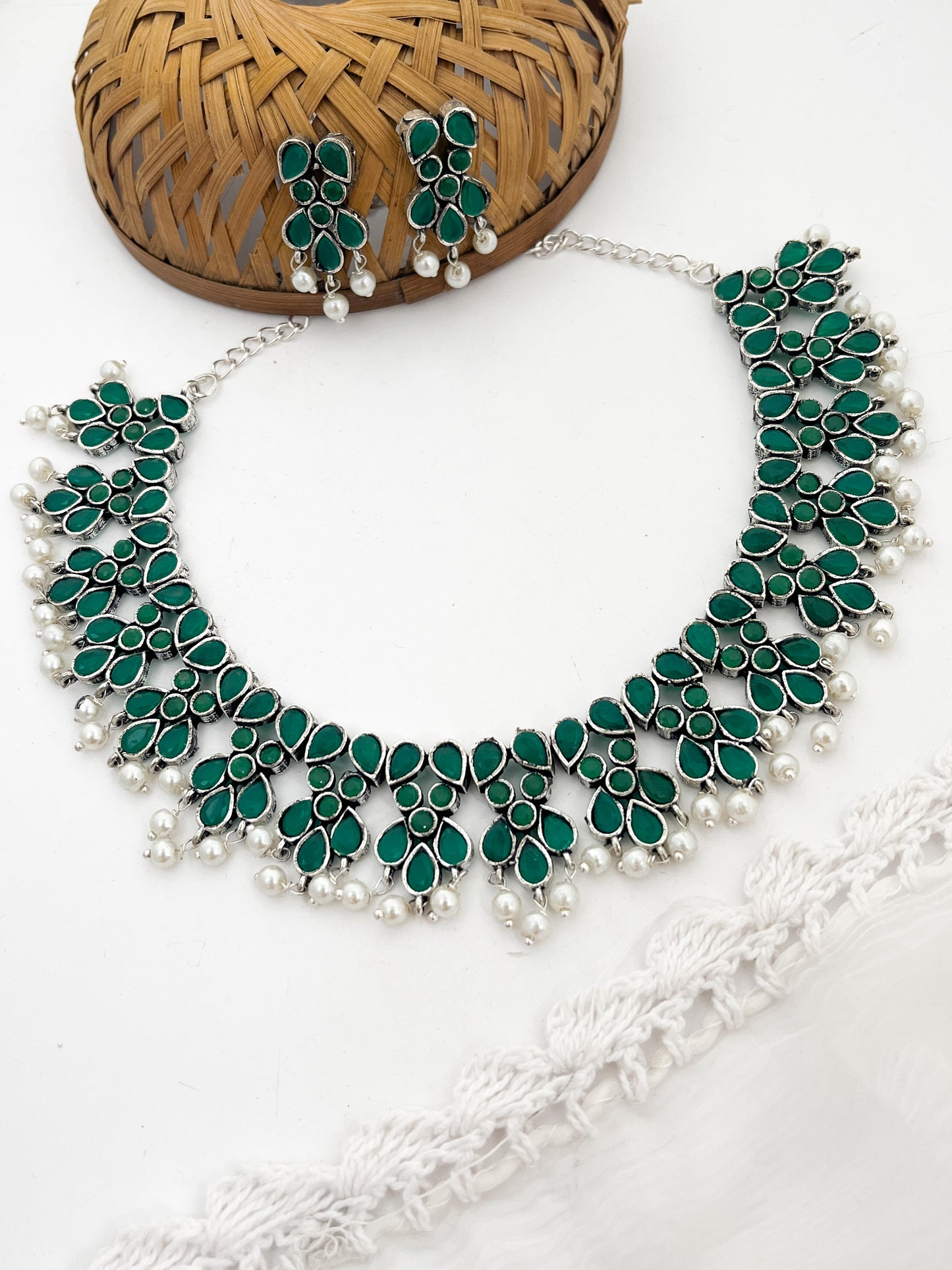 AHILYA- Brass Neckpiece With Green Monalisa Stones