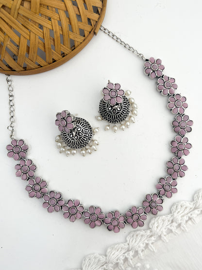 PRIYASI - Brass Flower Stud Neckpiece With Earrings Pink
