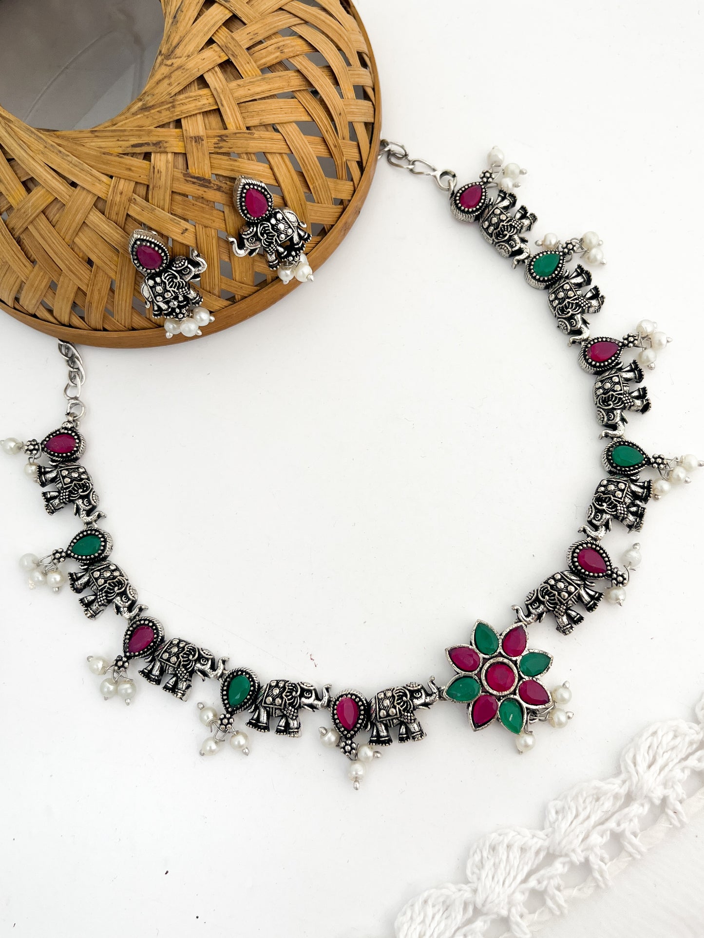 ASHWINI-Brass Neckpiece With  Green And Ruby Monalisa Stones