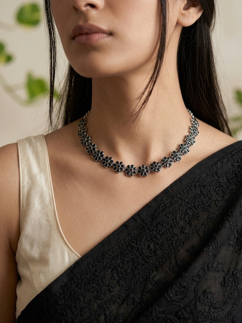 PRIYASI - Brass Flower Stud Neckpiece With Earrings Black