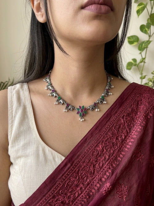 ASHWINI-Brass Neckpiece With  Green And Ruby Monalisa Stones