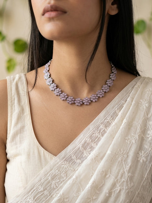 PRIYASI - Brass Flower Stud Neckpiece With Earrings Pink
