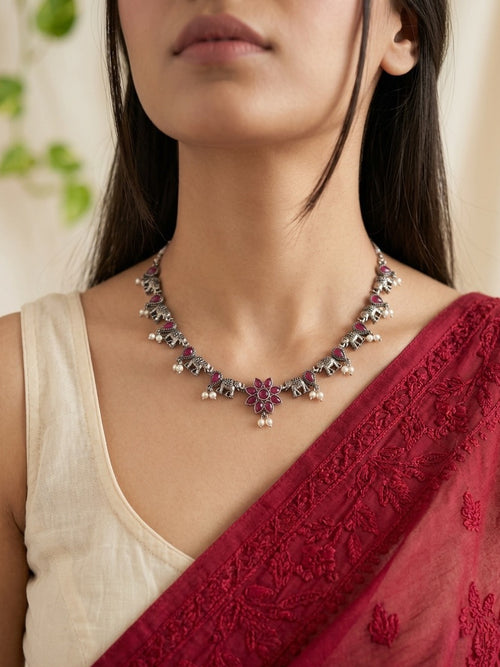 ASHWINI-Brass Neckpiece With Ruby Monalisa Stones