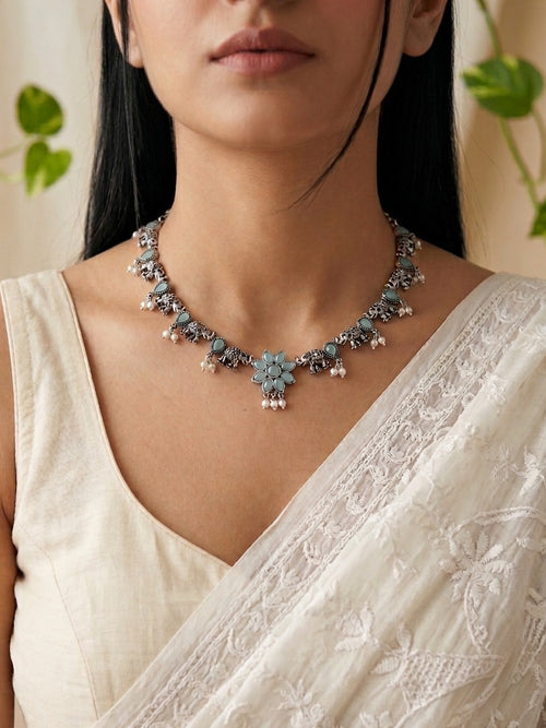 ASHWINI-Brass Neckpiece With Sea Green Monalisa Stones