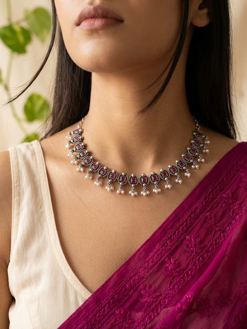 MADHURI- Brass Neckpiece With Pink Monalisa Stones