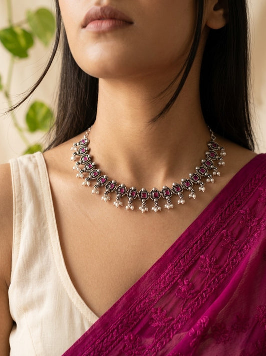 MADHURI- Brass Neckpiece With Pink Monalisa Stones