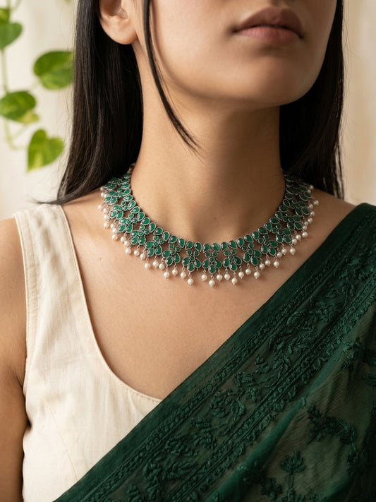 AHILYA- Brass Neckpiece With Green Monalisa Stones