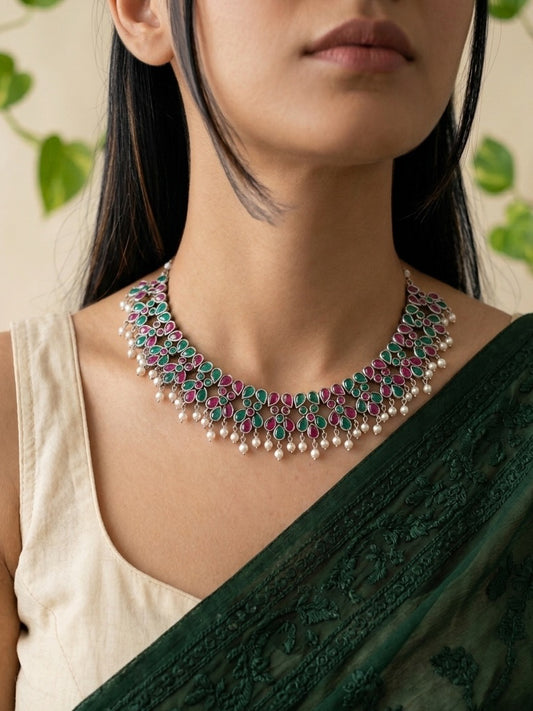 AHILYA- Brass Neckpiece With Pink Green Monalisa Stones