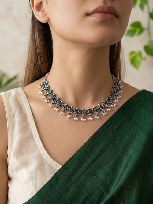 MADHURI- Brass Neckpiece With Green Monalisa Stones