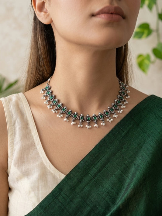 MADHURI- Brass Neckpiece With Green Monalisa Stones