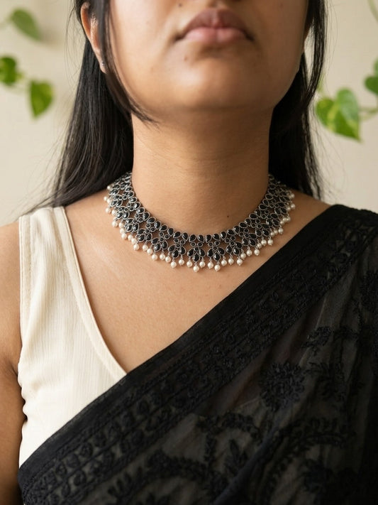 AHILYA- Brass Neckpiece With Black Monalisa Stones