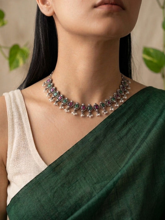 MADHURI- Brass Neckpiece With Pink and Green Monalisa Stones