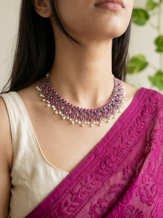 AHILYA- Brass Neckpiece With Pink Monalisa Stones
