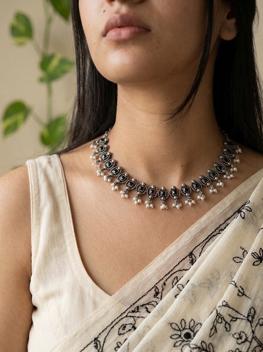 MADHURI- Brass Neckpiece With Black Monalisa Stones