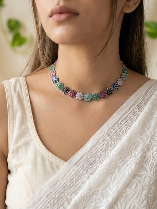 PRIYASI - Brass Flower Stud Neckpiece With Earrings Multi