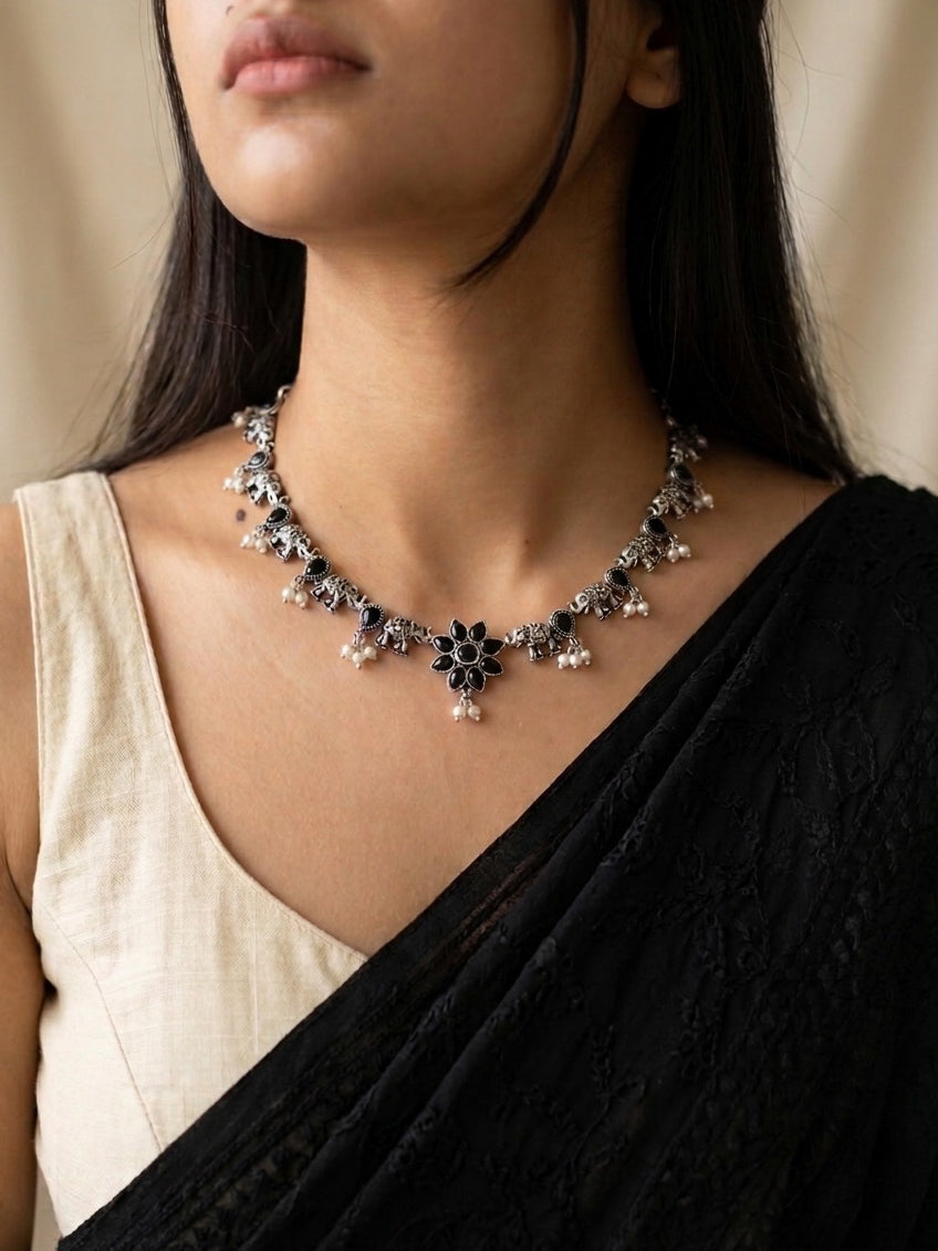 ASHWINI-Brass Neckpiece With Black Monalisa Stones