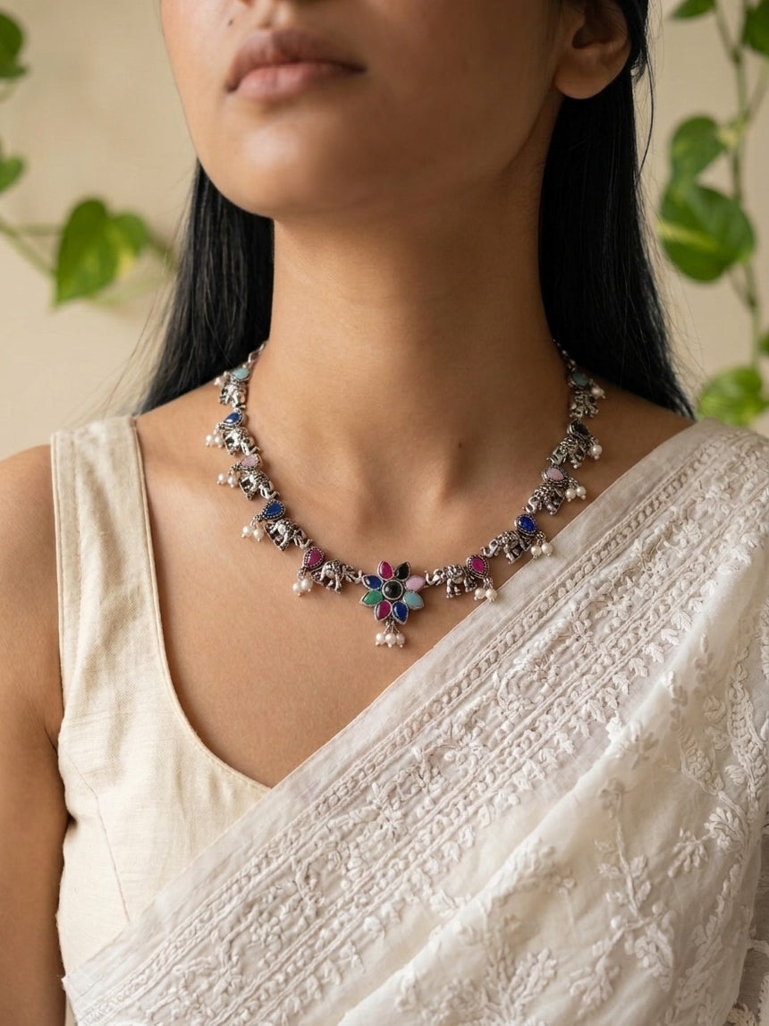 ASHWINI-Brass Neckpiece With Multicolour Monalisa Stones