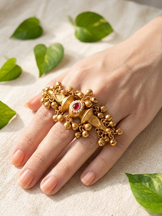 IRAVATI - Gold Tone Kundan Ghungru Ring