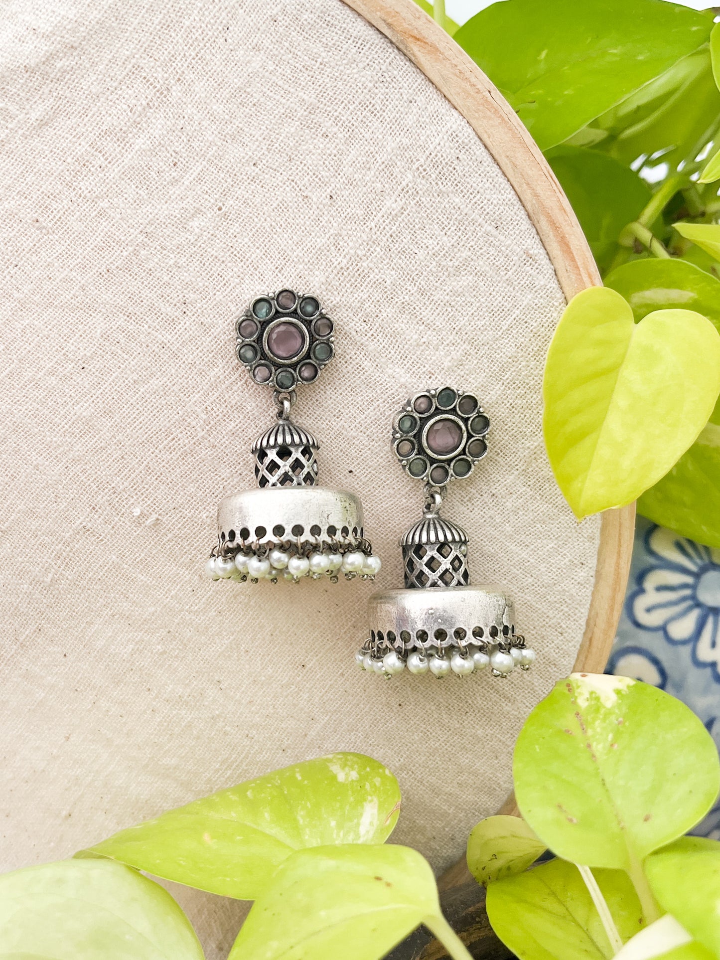 Iktara - Monalisa Flower Stud Jhumka Pink And Green