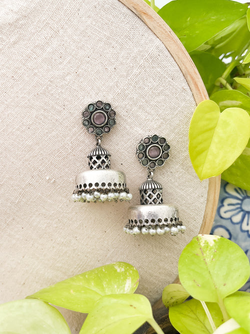 Iktara - Monalisa Flower Stud Jhumka Pink And Green