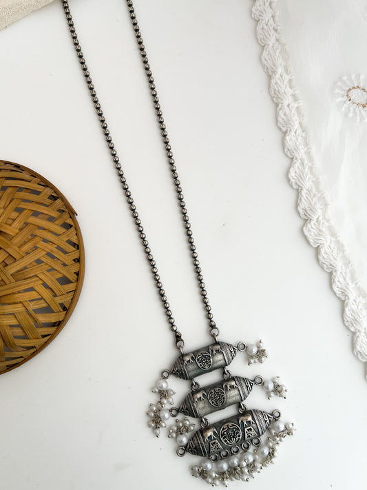 Indu - Silver Oxidised Long Neckpiece