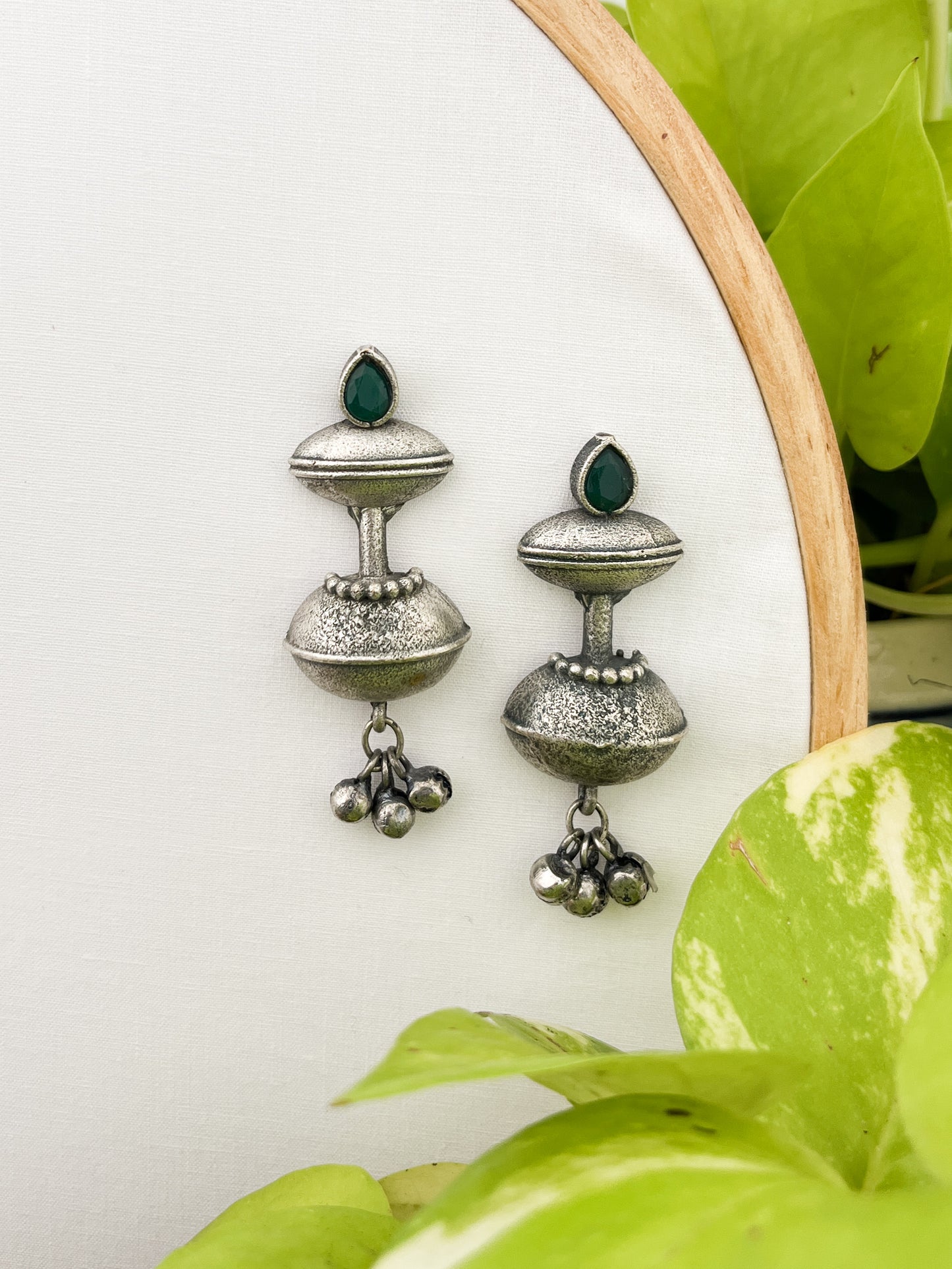 Inika - German Silver Double Matka Earrings Green