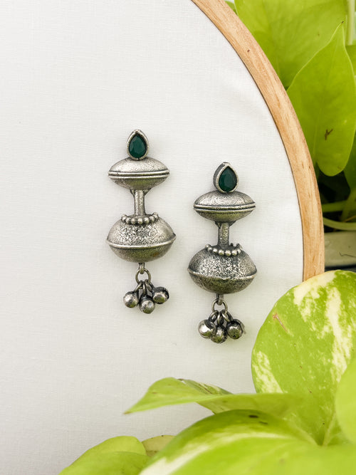 Inika - German Silver Double Matka Earrings Green