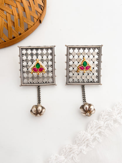 IRA- German Silver Square Studs With Kundan Work