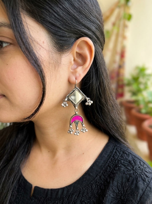 IRAVATI - Afghan Glass Danglers Pink Mirror