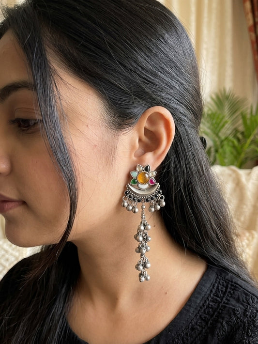 IRAVATI - German Silver Kashmiri Earrings With Ghungroo Mustard Multi