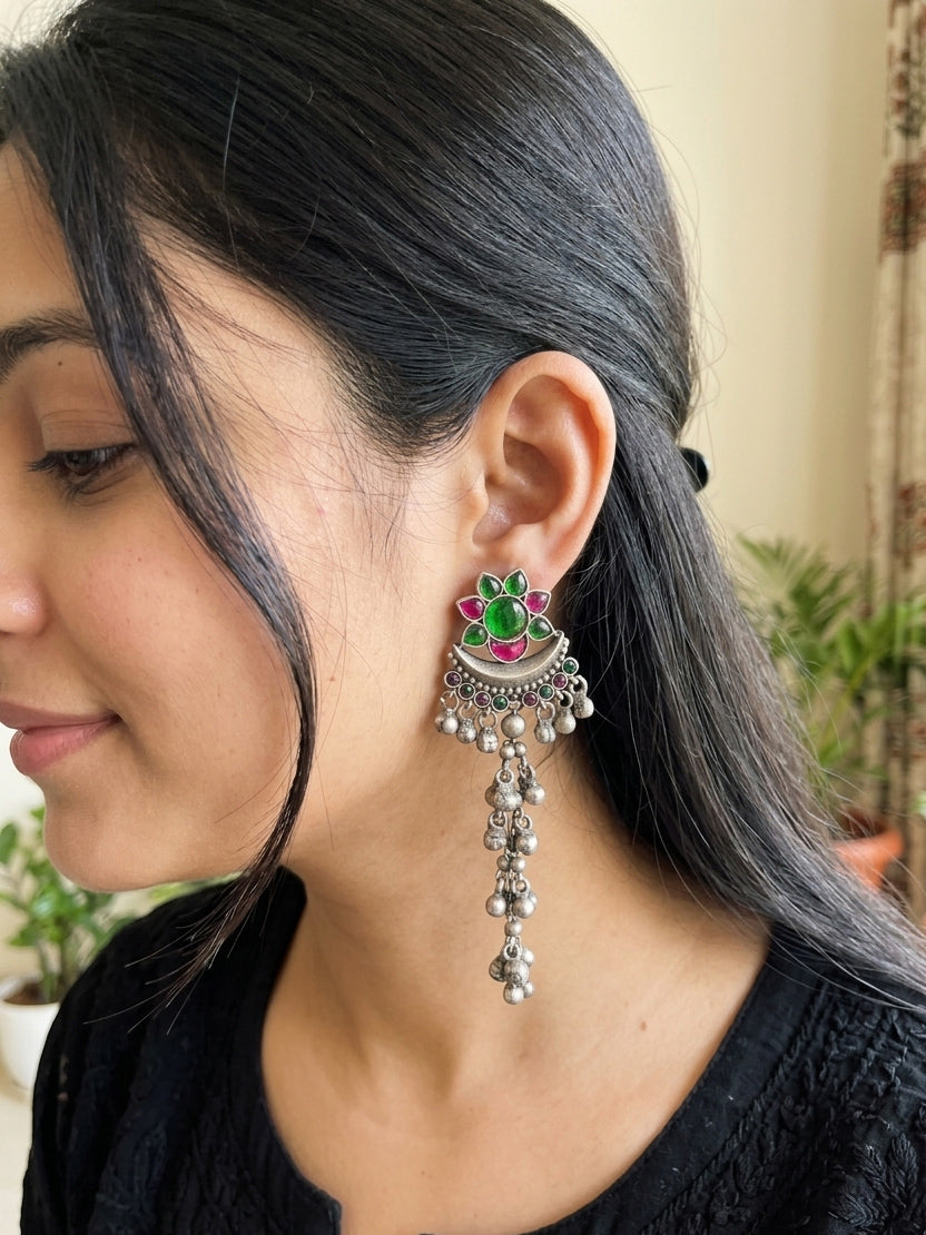 IRAVATI- German Silver Kashmiri Earrings With Ghungroo Pink Green