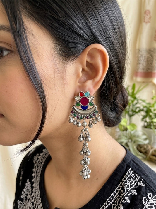 IRAVATI- German Silver Kashmiri Earrings With Ghungroo Pink Multi
