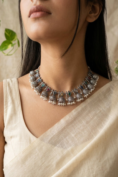 JHIMKI - German Silver Half Jhumka Neckpiece With Earrings Multi