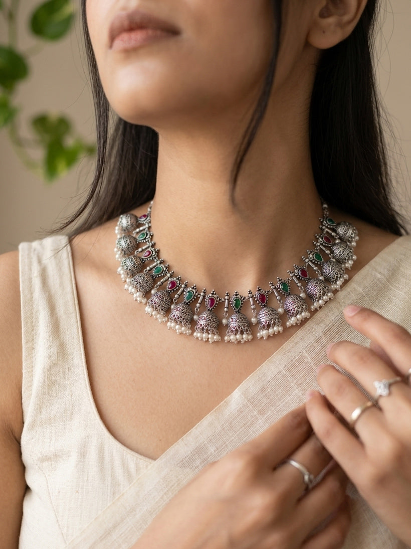 JHIMKI- German Silver Half Jhumka Neckpiece With Earrings Red Green