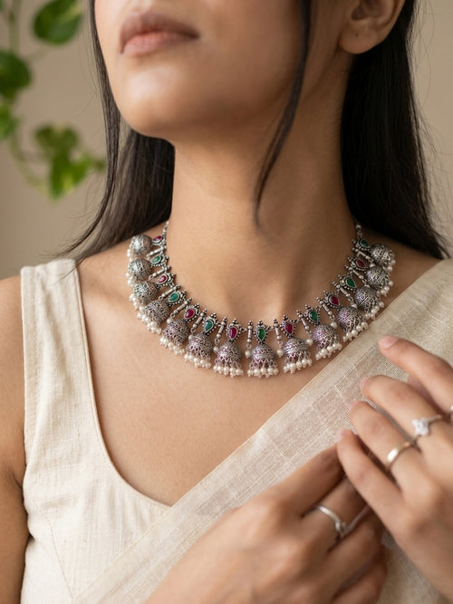JHIMKI- German Silver Half Jhumka Neckpiece With Earrings Red Green