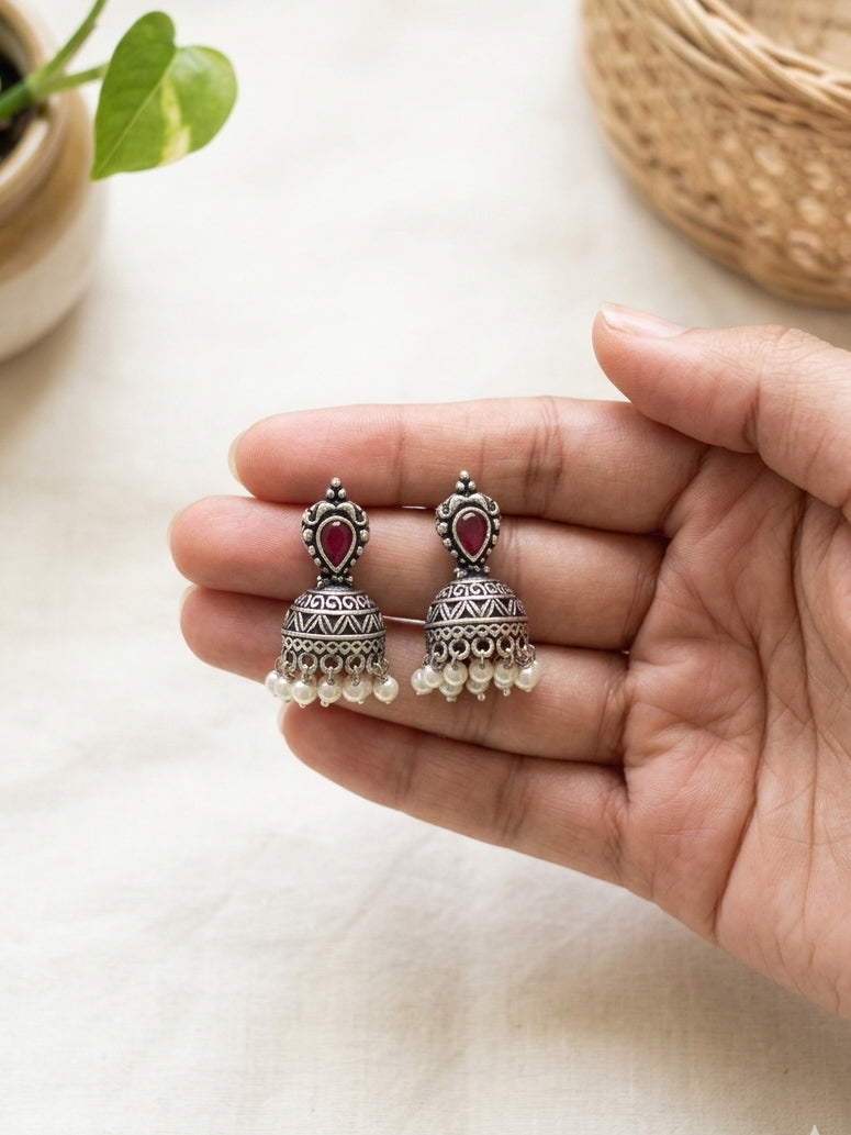 JHIMKI- German Silver Half Jhumka Neckpiece With Earrings Red Green