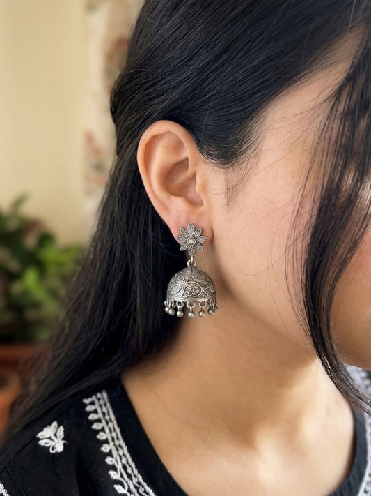 JHUMRI- Germna Silver Flower Stud Jhumka